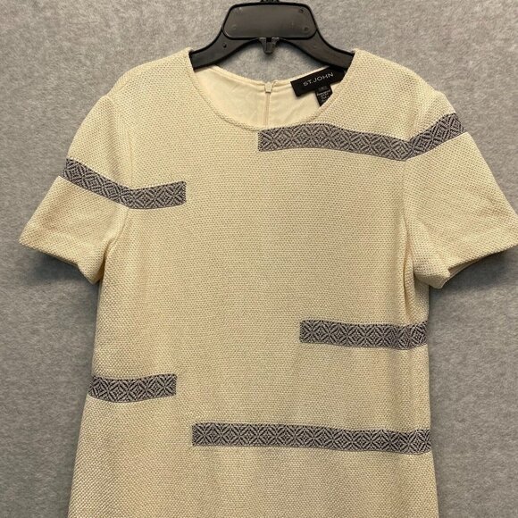 St‎ John Wool Blend Dress Womens 4 Cream Shift Short Sleeve Silk Lined - Picture 2 of 13